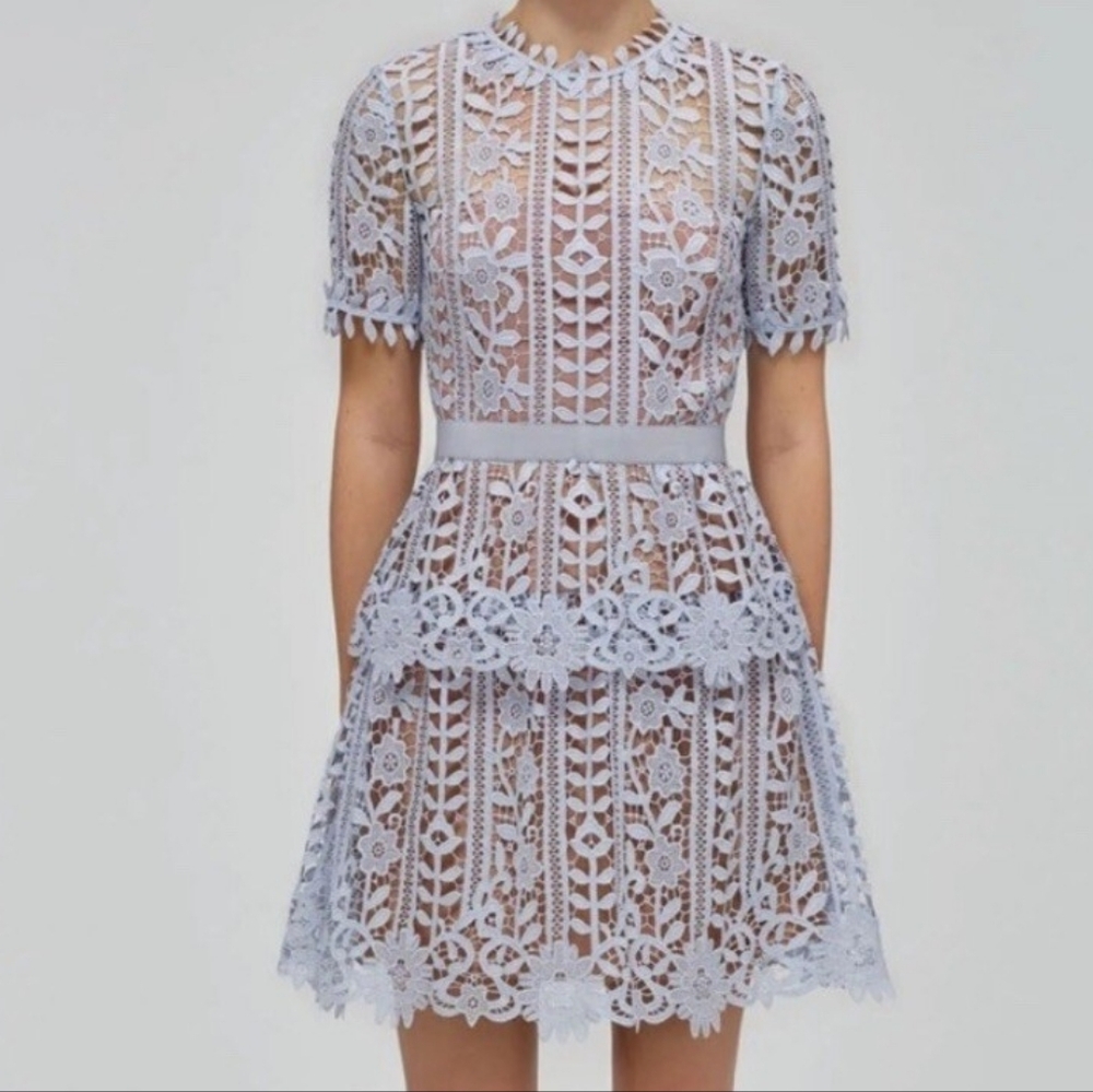 Self Portrait Baby Blue Guipure Lace Mini Dress Uk6 NwOT